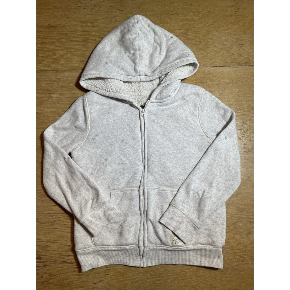 OshKosh Sherpa Lined Zip Up Hooded‎ Grey Sweatshirt Stars Pattern Girls Size 7